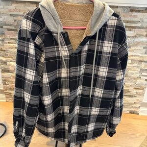 Black and Gray Plaid Hooded Jacket